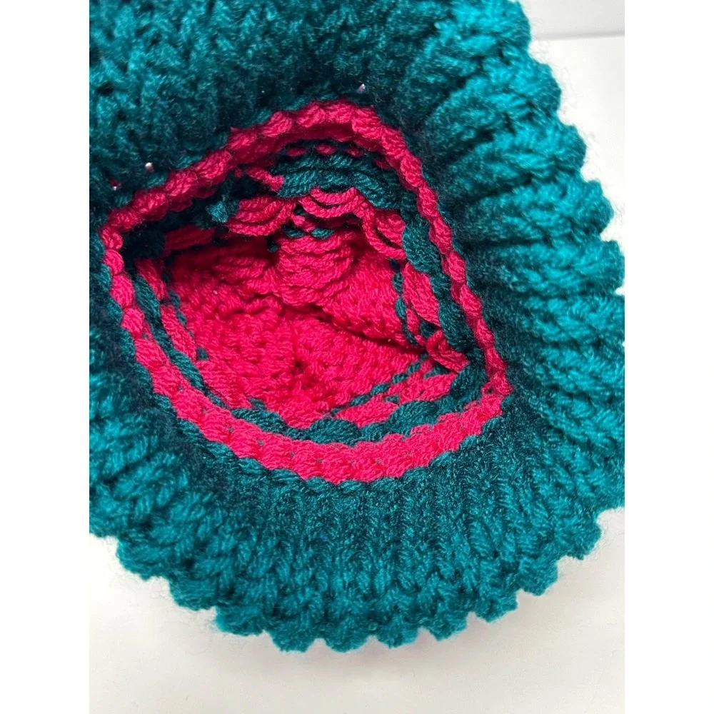 Women's Hand Knit Crochet Pink Teal Beanie Geometric Pattern Pom Pom Top R3